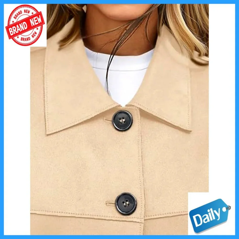 Faux Suede Cropped Jacket Long Sleeve Button Front Relaxed Fit Casual - Picture 5 of 7